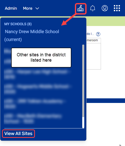 Site Switcher highlighted and expanded to show site options.