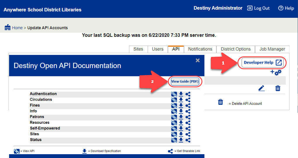 Destiny Open API Documentation pop-up.