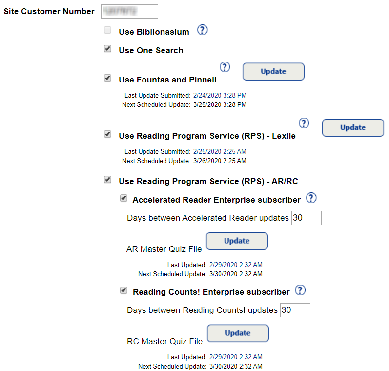 Reading Program Services checkboxes.