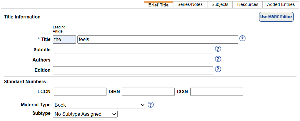 Brief Title tab on the Add Title page.