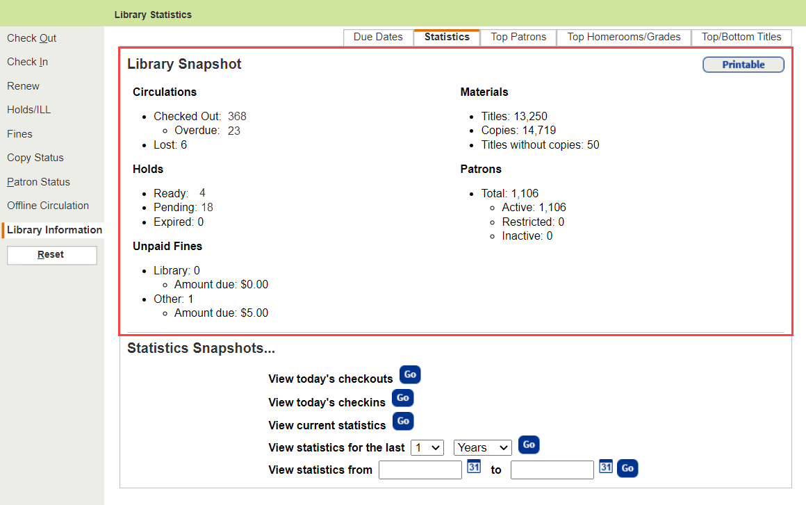 Library Statistics page.