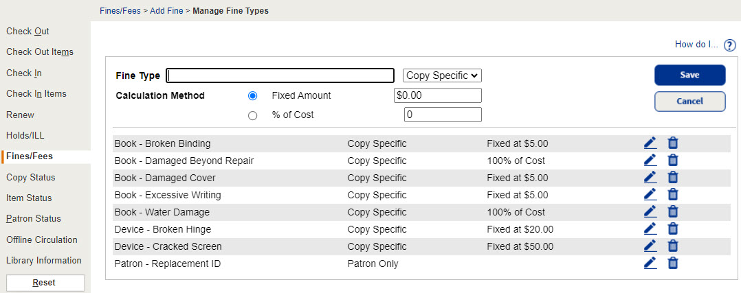 Manage Fine Types page.