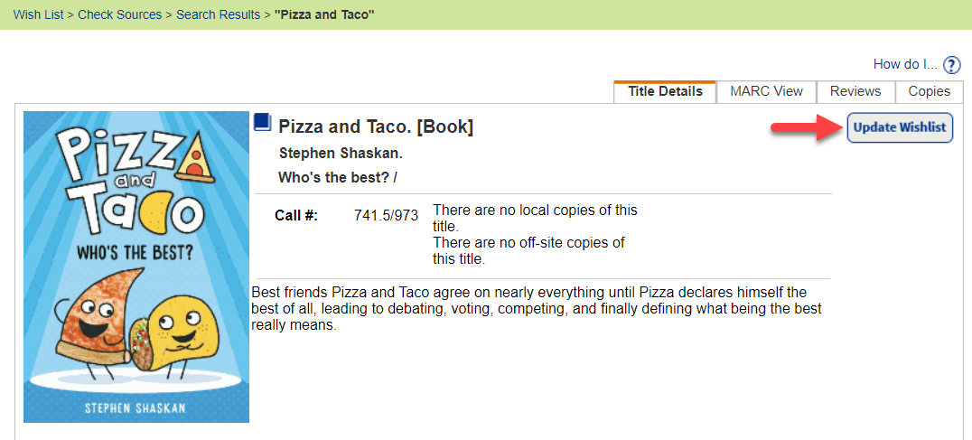 Title details page with Update Wishlist option highlighted.