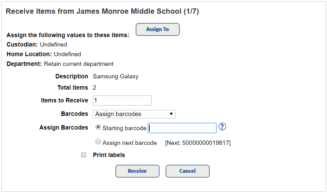 Page showing details for receiving unbarcoded resources.