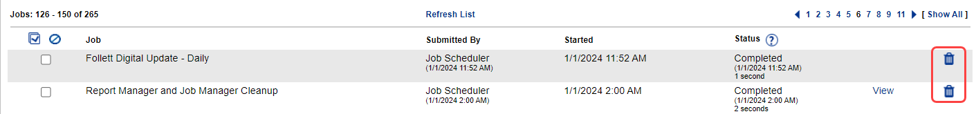 District User Job Manager job list.