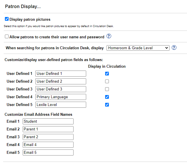 Patron Display options.