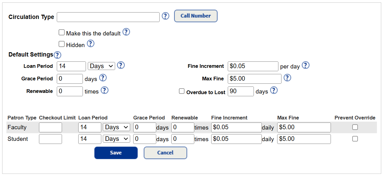 Add Circulation Type page.