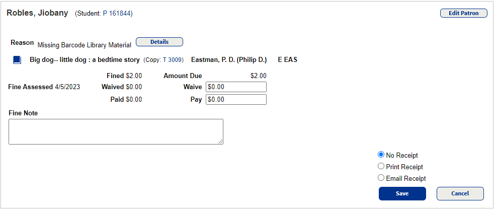 Edit Fines page with Amount