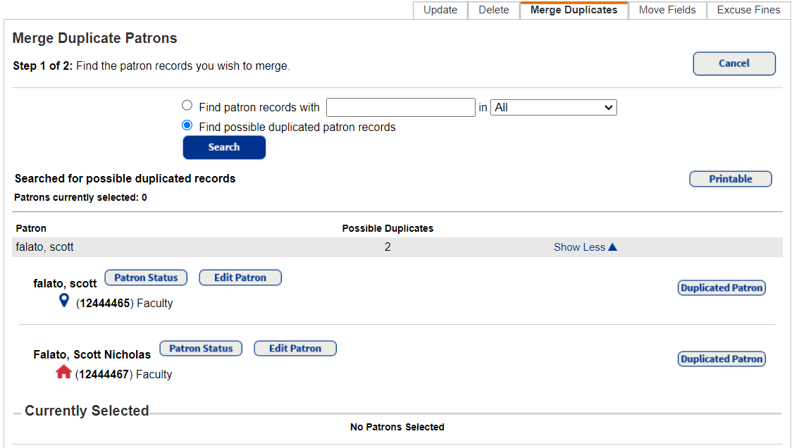 Update Patrons page Merge Duplicate sub-tab step 1 of 2.