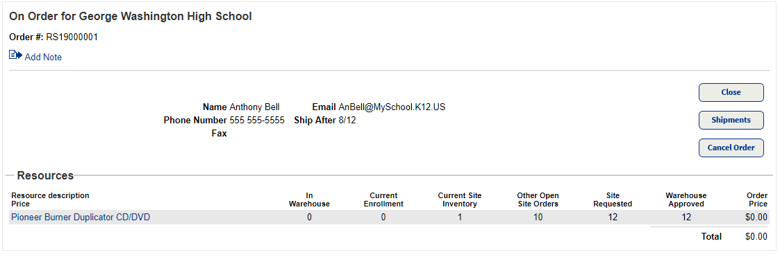  District Warehouse view of the On Order page with one resource