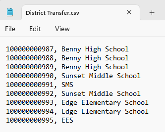 Example of a CSV file for district-wide transfer.